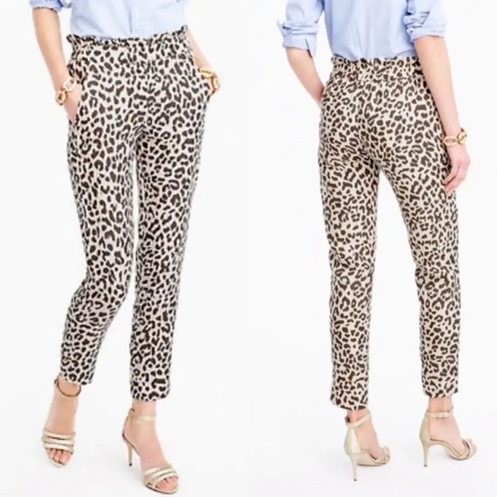 J. Crew Linen Blend Leopard Animal‎ Print Ruffled Paperbag Waist Crop Pants Sz 8